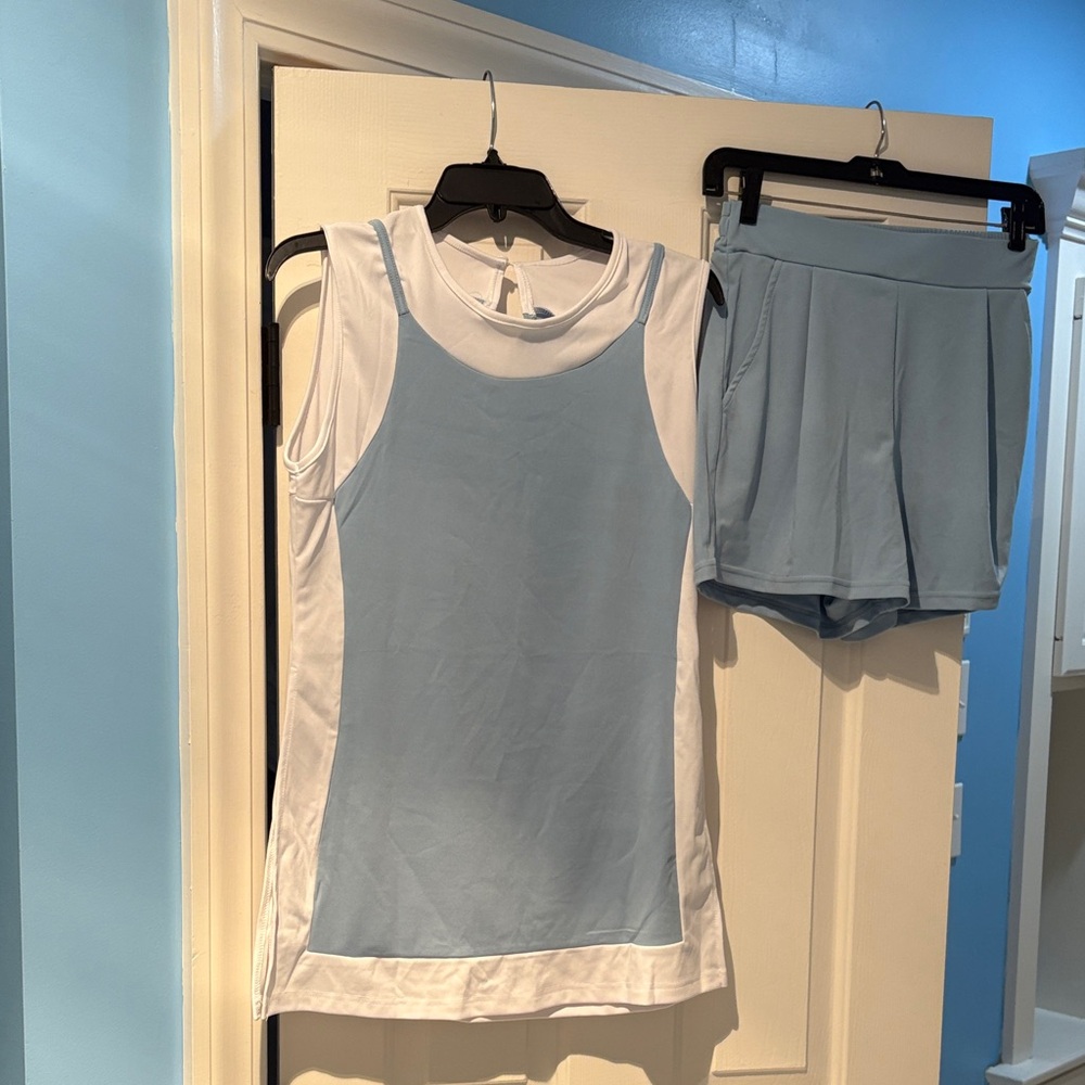 Blue and White Athletic Tank and Shorts Set